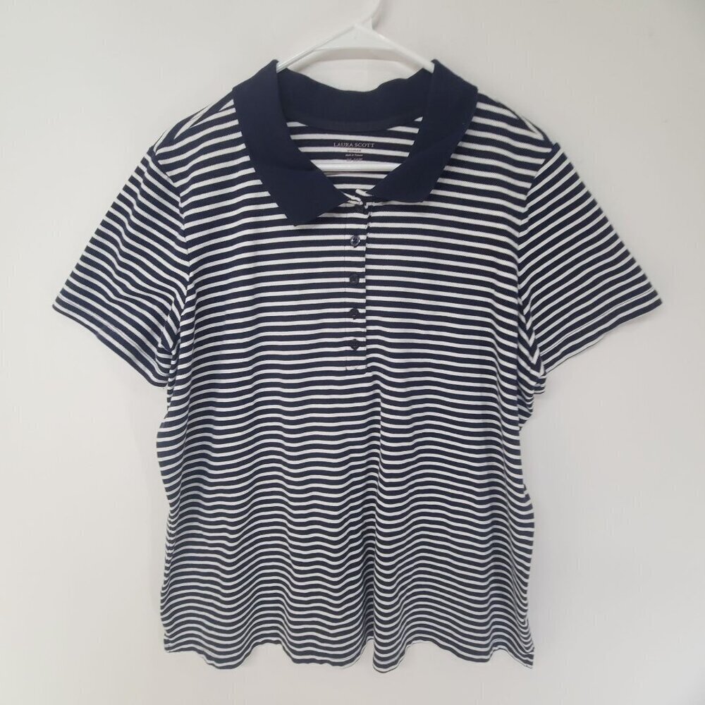 Laura Scott Women's Casual Knit Polo Shirt Striped Blue White Size 20/22 Preppy